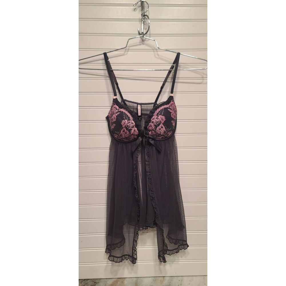 Victoria's Secret Sexy Little Things Dark Gray/Pink Babydoll Lingerie Size 34B